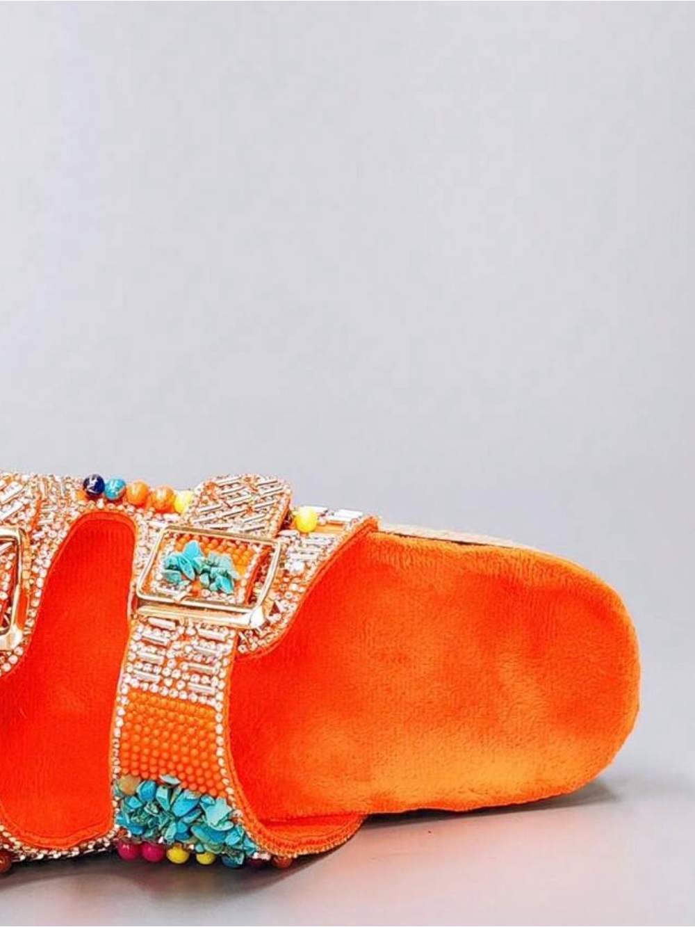 Embellished Orange Slide Sandals with Turquoise & Siver Accents - Picture 10 of 14